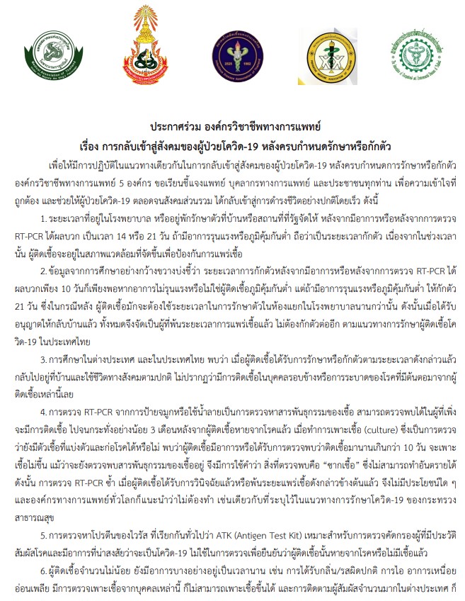 การกลับเข้าสู่สังคมของผู้ป่วยโควิด-19 หลังครบกำหนดรักษาหรือกักตัว